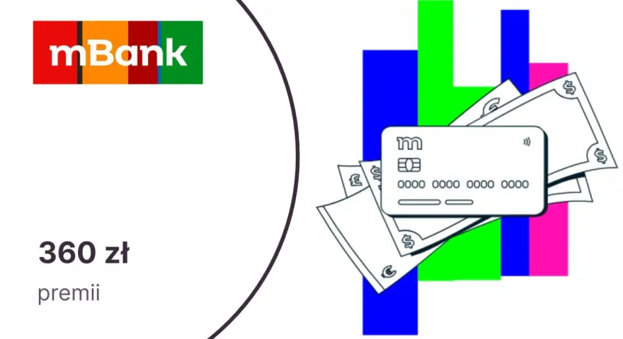 Zgarnij 360 zł premii w programie poleceń mBank. Karta i pieniądze na kolorowym tle.