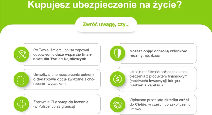 Jak wybrać ubezpieczenie na życie? Dowiedz się, jak polisa zapewni wsparcie bliskim, rozszerzy ochronę, da dostęp do leczenia, obejmie rodzinę, połączy się z inwestycją lub zwróci składkę.