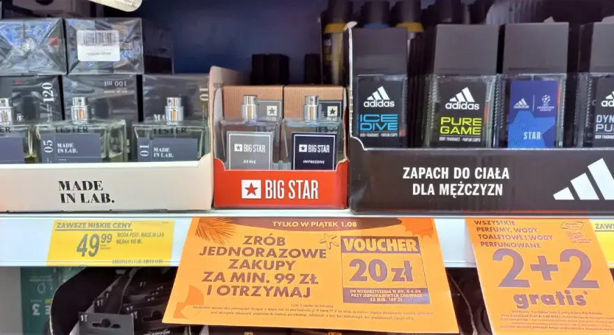 Perfumy w Biedronce: męskie wody toaletowe Made in Lab, Big Star i Adidas. Promocja 2+2 gratis na perfumy.