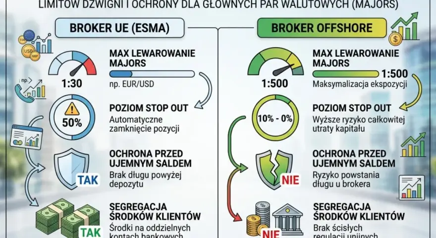 Porównanie brokera UE (ESMA) i brokera offshore. Broker offshore oferuje wyższą dźwignię, ale większe ryzyko.