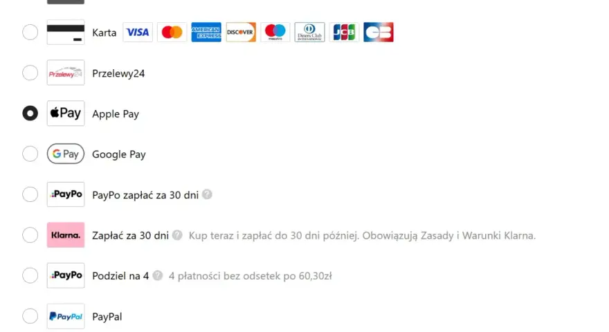 Dostawa za pobraniem, czyli płatność przy odbiorze, jest dostępna. Inne opcje to Blik, karty, Przelewy24, Apple Pay, Google Pay, PayPo i PayPal.