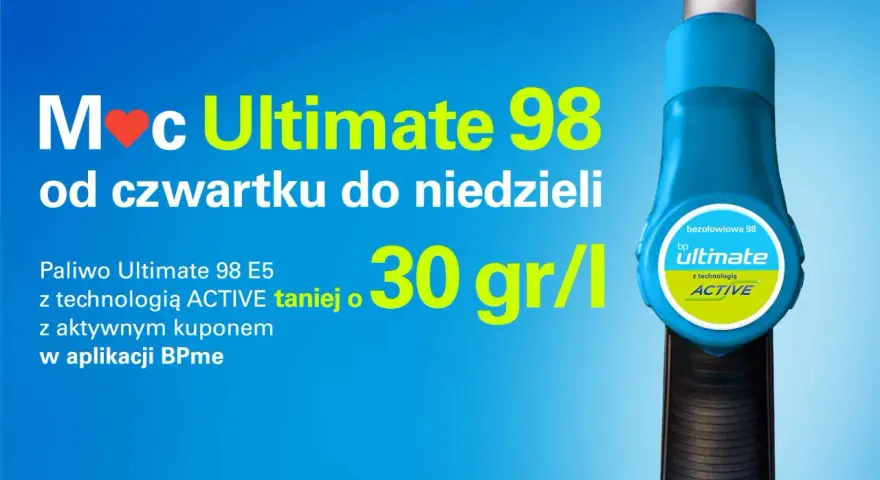 BP Ultimate promocja czwartek: paliwo Ultimate 98 E5 z technologią ACTIVE taniej o 30 gr/l z kuponem w aplikacji BPme.
