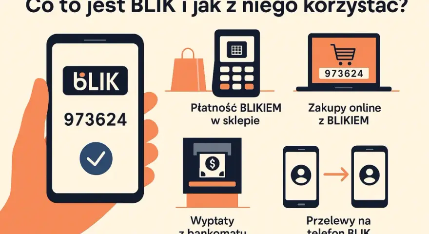 Grafika ilustruje, jak używać BLIKA: płatności w sklepie, zakupy online, wypłaty z bankomatu i przelewy na telefon. BLIK zbliżeniowy to szybka opcja.