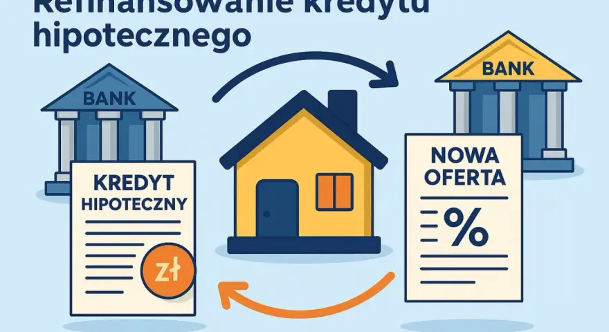 Ilustracja pokazuje proces refinansowania kredytu hipotecznego. Dom symbolizuje właściciela, który przenosi swój obecny kredyt hipoteczny do banku z nową, korzystniejszą ofertą.