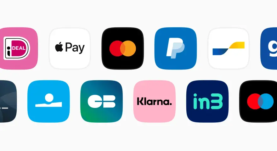 Ikony popularnych usług płatniczych i e-wallet: Apple Pay, PayPal, Klarna, Google Pay, Mastercard. To cyfrowe rozwiązania dla wygodnych transakcji.