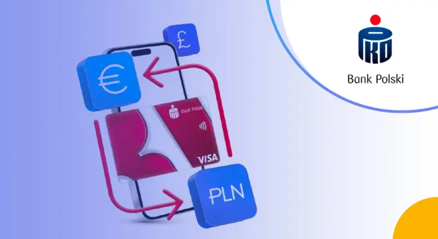 Jak wpłacić euro na konto walutowe PKO? Grafika pokazuje telefon, kartę PKO Visa, symbole euro, funta i PLN, sugerując łatwe transakcje walutowe.