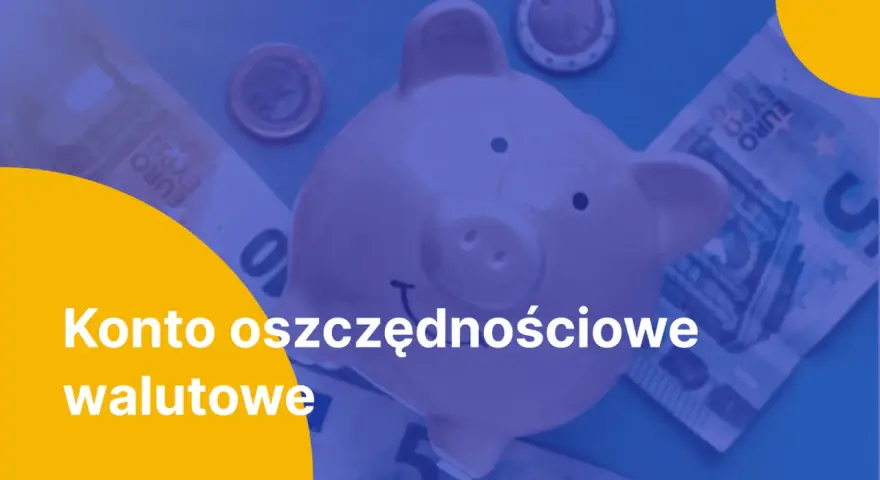 Różowa świnka-skarbonka otoczona banknotami euro i monetami. Napis: "Konto oszczędnościowe walutowe".