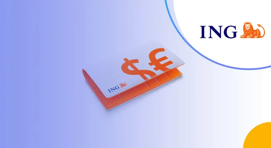 Portfel z symbolami dolara i euro, logo ING. Sprawdź opłaty za konto walutowe.