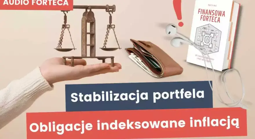 Audiobook "Finansowa forteca" i portfel symbolizują stabilizację portfela i obligacje indeksowane inflacją.