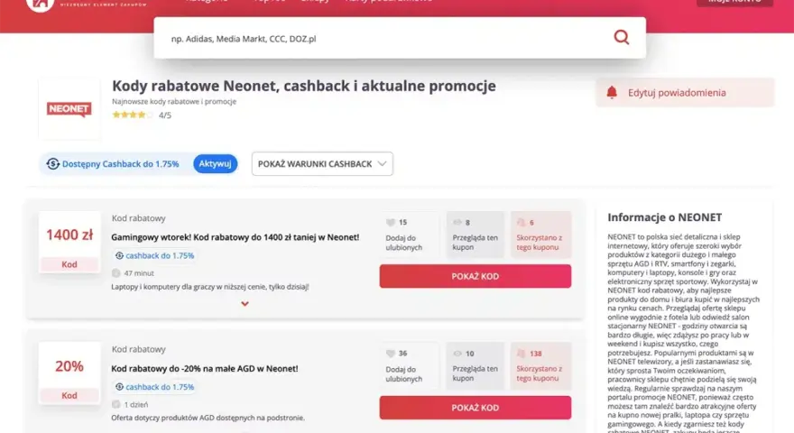 Kody rabatowe Neonet, cashback do 1.75%. Czy alerabat jest bezpieczny? Tak, oferuje promocje na elektronikę i AGD.