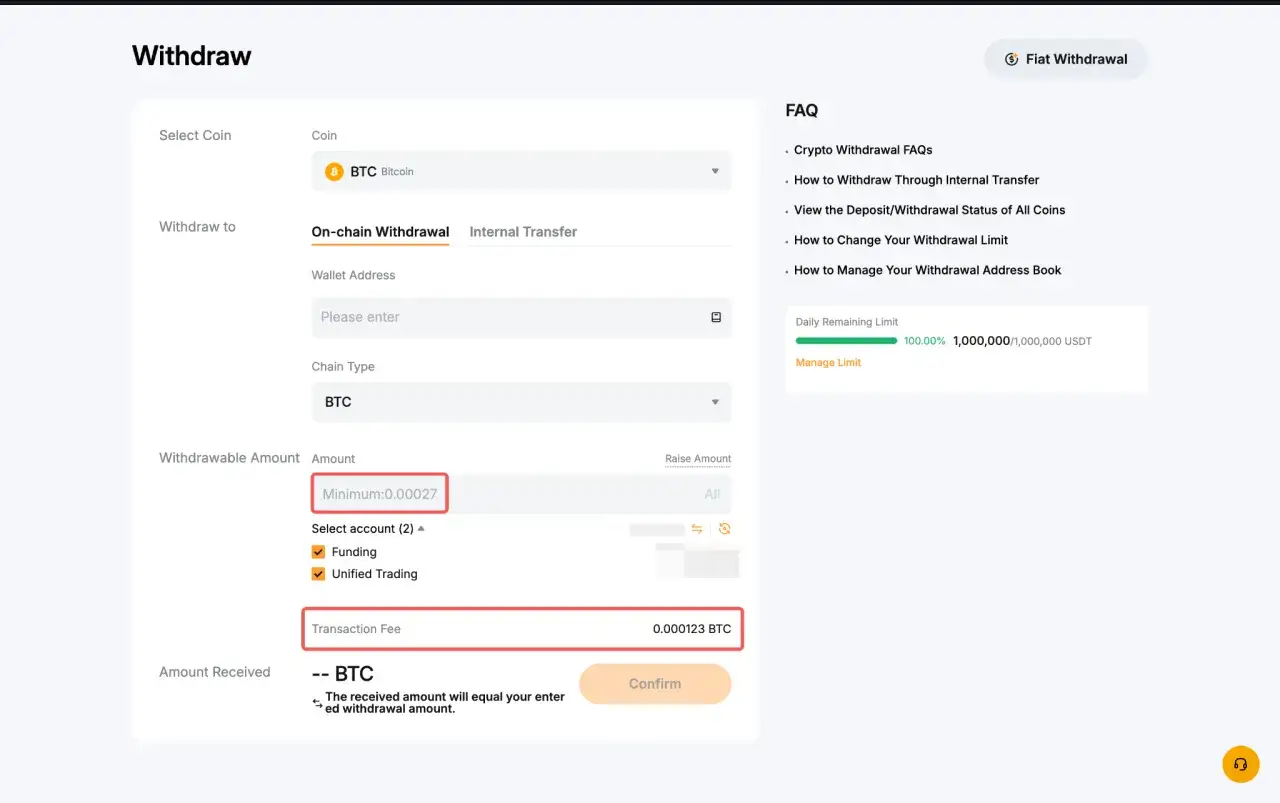Formularz wypłaty na giełdzie Bybit. Wpisz adres portfela, wybierz typ łańcucha BTC i kwotę wypłaty.