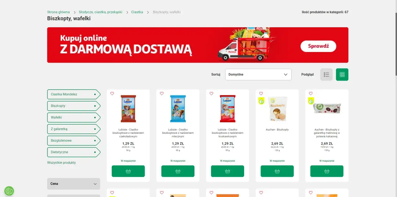 Strona z biszkoptami i wafelkami Auchan. Możesz tu znaleźć wiele pysznych produkt&oacute;w, a z auchan kupon rabatowy 20 zł kupisz je jeszcze taniej!
