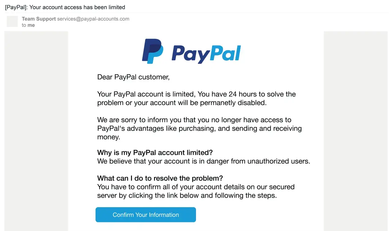 Oszustwo PayPal! Czy PayPal jest bezpieczny? Wiadomość informuje o ograniczeniu konta i prosi o potwierdzenie danych.
