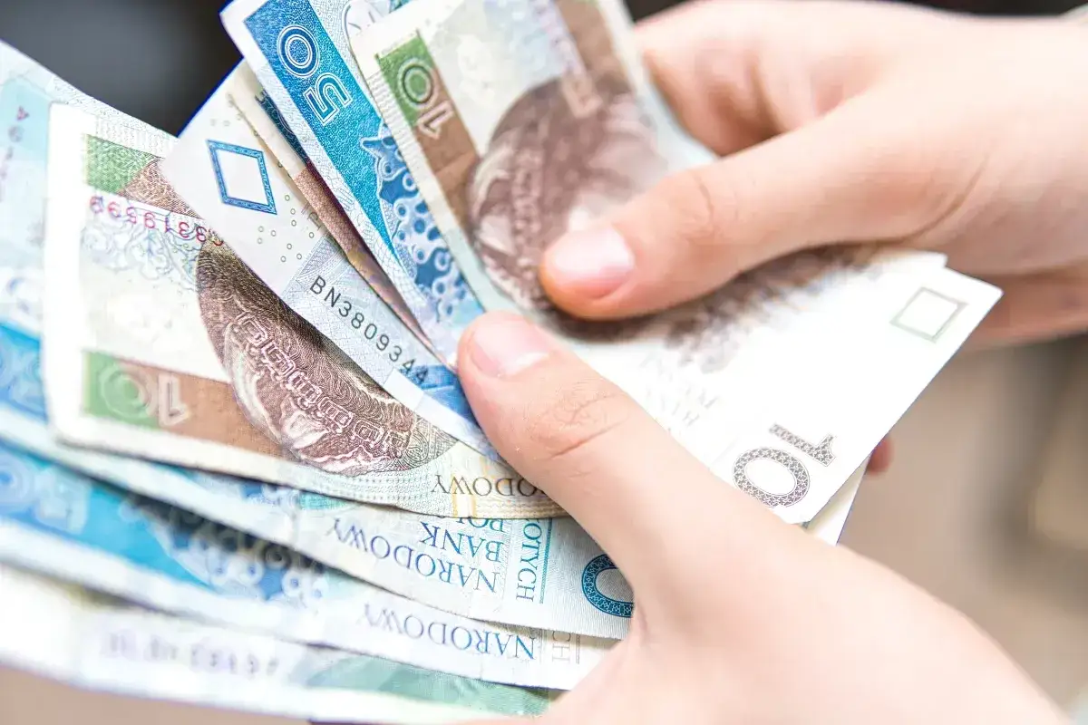 Dłonie trzymają polskie banknoty. Widać nominały 10, 50 i 100 zł. To znak, że cash is back!