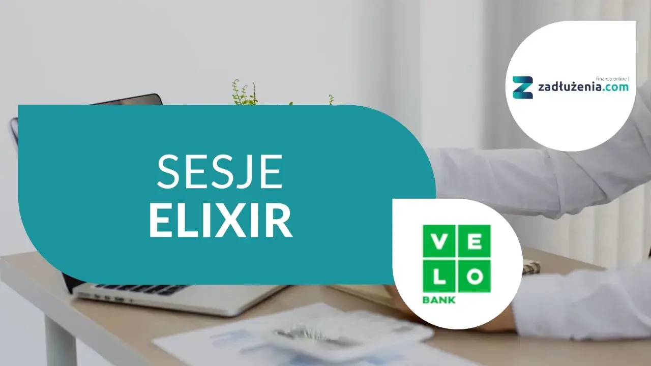 Sesje Elixir w velobank. Dwie osoby ściskają sobie dłonie na tle biurka z laptopem i dokumentami.