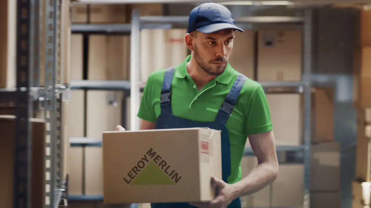 Pracownik magazynu Leroy Merlin z paczką gotową do odbioru w ramach usługi click and collect.