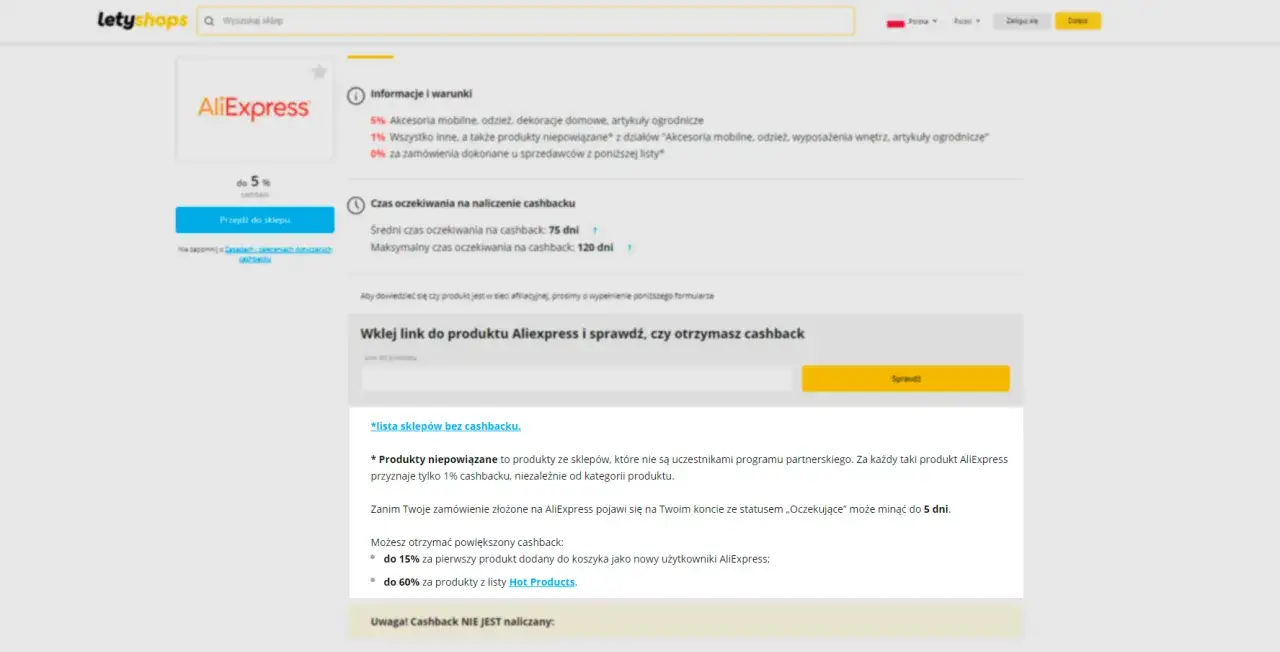 Sprawdź, czy letyshops jest darmowy, analizując warunki cashbacku dla AliExpress.