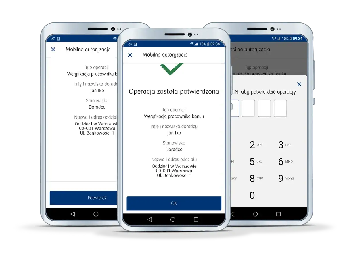 Trzy telefony pokazują aplikację bankową. Na środkowym ekranie operacja została potwierdzona, ale na skrajnych widać, że blik nie doszedł.
