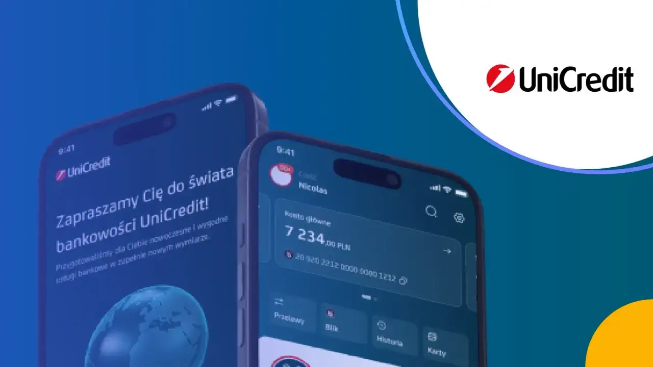 Dwa telefony z aplikacją UniCredit. Na jednym ekranie widać hasło
