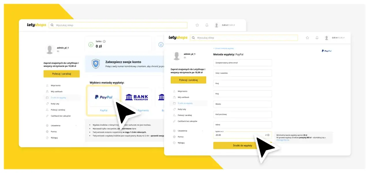 Jak wypłacić pieniądze z LetyShops? Wybierz PayPal, wpisz dane i kwotę, a następnie kliknij 