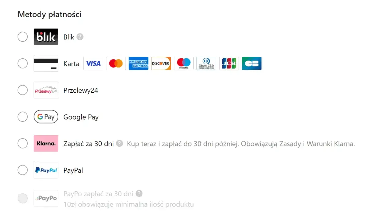 Metody płatności: Blik, karta, Przelewy24, Google Pay, Klarna, PayPal, PayPo. Czy na temu można płacić przy odbiorze?