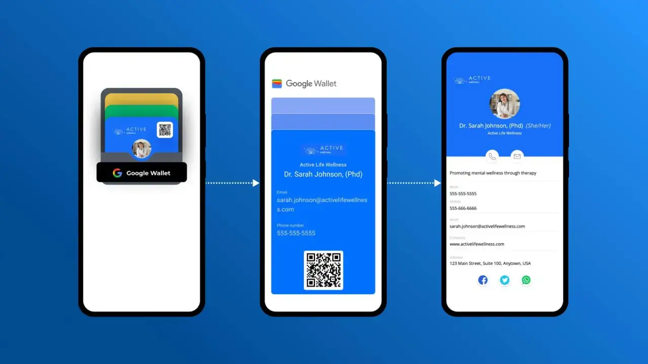 Jak dodać kartę do Google Pay? Zobacz, jak cyfrowa karta Active Life Wellness z danymi Dr Sarah Johnson pojawia się w Google Wallet.