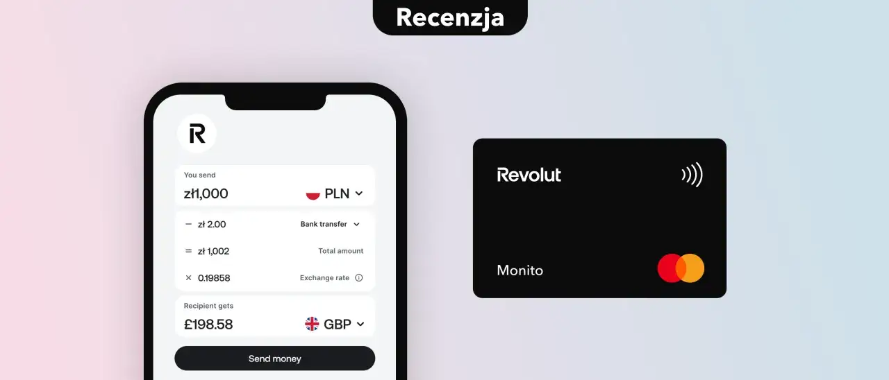 Aplikacja Revolut pokazuje, jak zasilić konto, przeliczając 1000 zł na 198,58 GBP. Obok widoczna czarna karta Revolut.