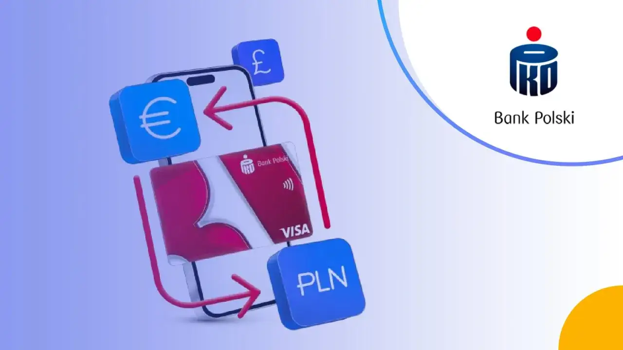 Jak wpłacić euro na konto walutowe PKO? Grafika pokazuje telefon, kartę PKO Visa, symbole euro, funta i PLN, sugerując łatwe transakcje walutowe.