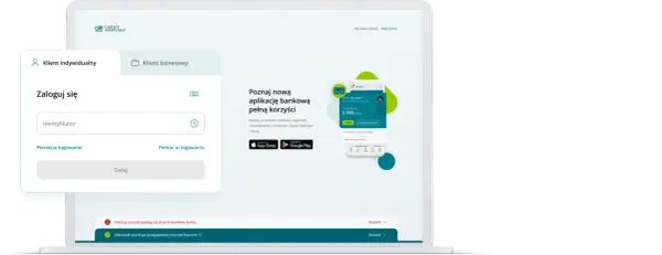 Ekran logowania do bankowości internetowej Crédit Agricole. Aplikacja mobilna oferuje korzyści, rabaty i oszczędności. Dostępna na App Store i Google Play.