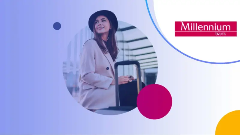 Kobieta z walizką, gotowa na podróż, korzysta z karty visa global. Logo Millennium bank.
